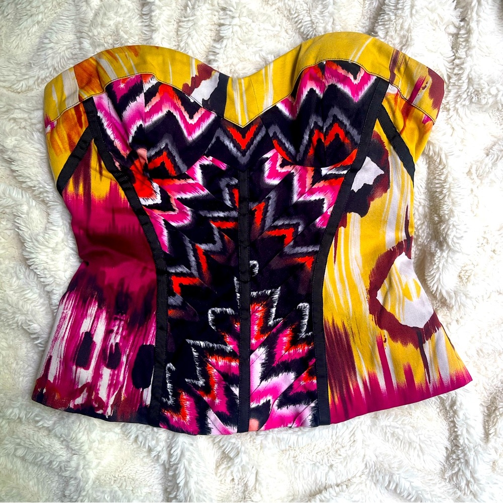 bebe Strapless Colorblock Bustier Top in Yellow, Pink, Black